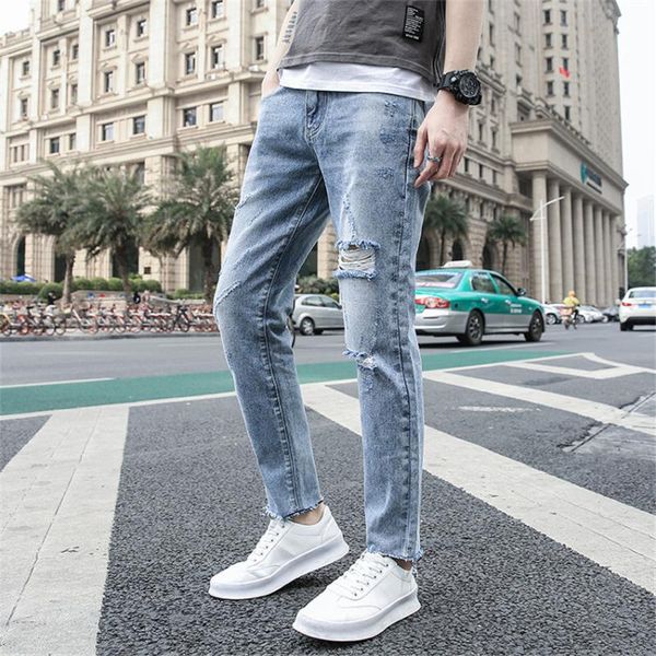 

2020 new hole jeans men ripped distressed korean fashion cotton youth casual slim fit homme denim trousers ankle-length pants, Blue