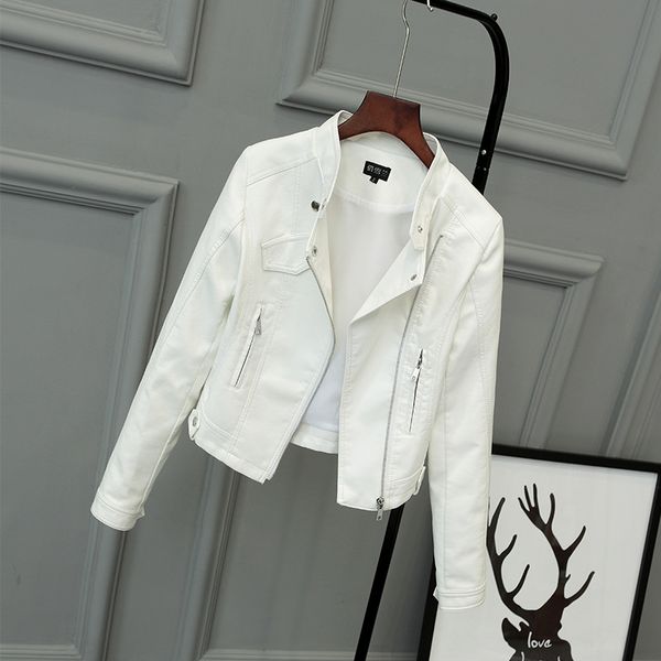 

women pu leather blazer mandarin collar motorcylce jacket, Black