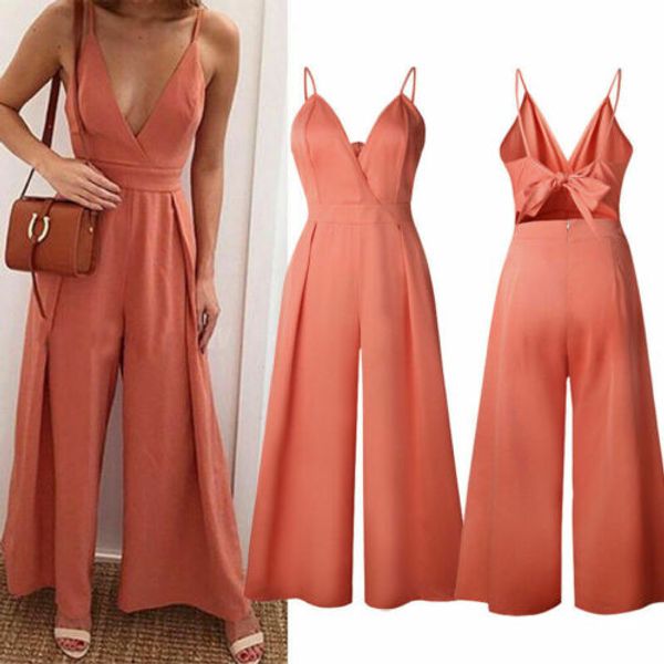 

back bow women strap wide legs romper summer holiday female solid color casual jumpsuit v-neck bodysuit clubwear outfits new, Black;white