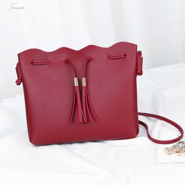 

women messenger bag pu leather solid color tassel bucket handbags lady casual crossbody shoulder bags ser88