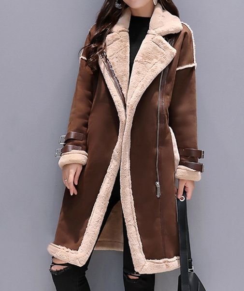

women lambs wool coat female medium long thick warm shearling coats suede leather jackets autumn winter female outerwear, Black