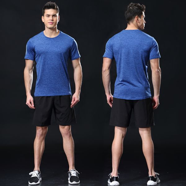 

2020 men running suit short sleeve+shorts basketball training tracksuit quick dry loose t-shirt sports gym fitness jogging sportswear, Black;blue