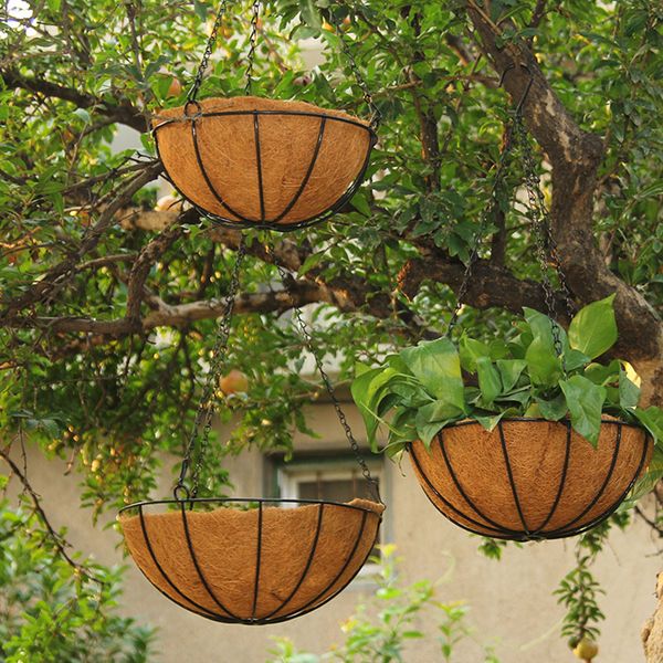 

3pcs hanging coconut basket planter flower pot back black metal frame hanger