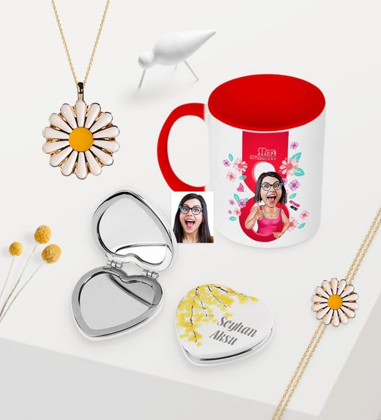 

women custom caricature of cup floral mirror daisy necklace bracelet set-5 pet supplies home garden