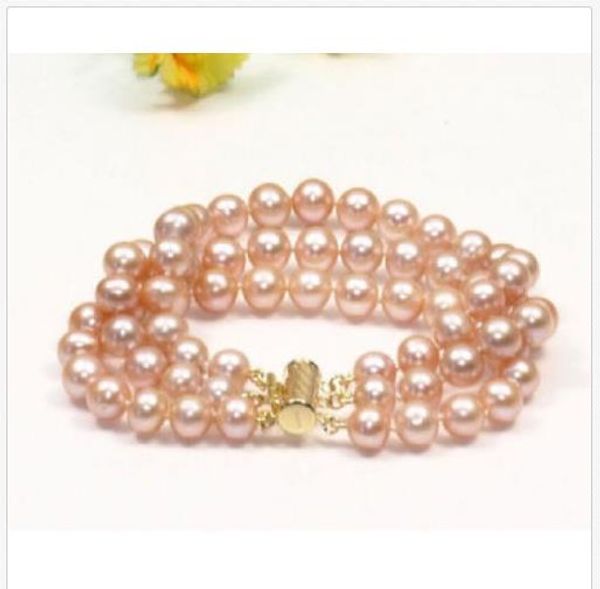 

triple strands 9-10mm south sea pink pearl bracelet 7.5-8" 14k gold clasp, Black