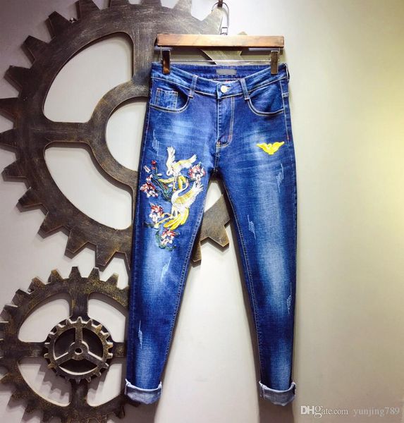 

famous brand embroidery jeans hole boutique street hip hop pants official new style with logo trend couple slim fit cowboy pants, Blue