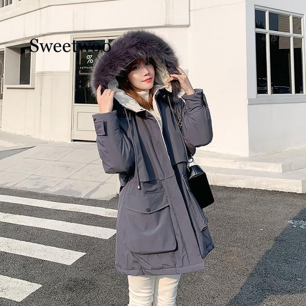 

long new fashion loose women winter jacket cotton padded warm thicken ladies coat long coats parka womens zipper jackets gray, Black