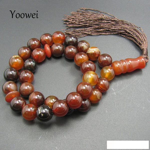 

yoowei natural stone round shape jewelry 12mm big agate 33 prayer beads islamic muslim tasbih rosary bracelet with tassel, Golden;silver