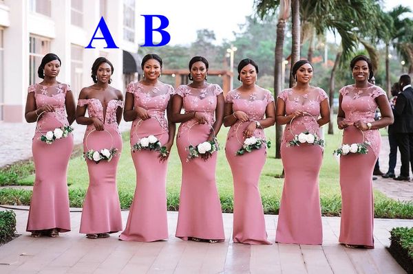 

african black girls mermaid bridesmaid dresses sheer neck cap sleeve maid of honor dresses vestido de fiesta wedding party dresses, White;pink