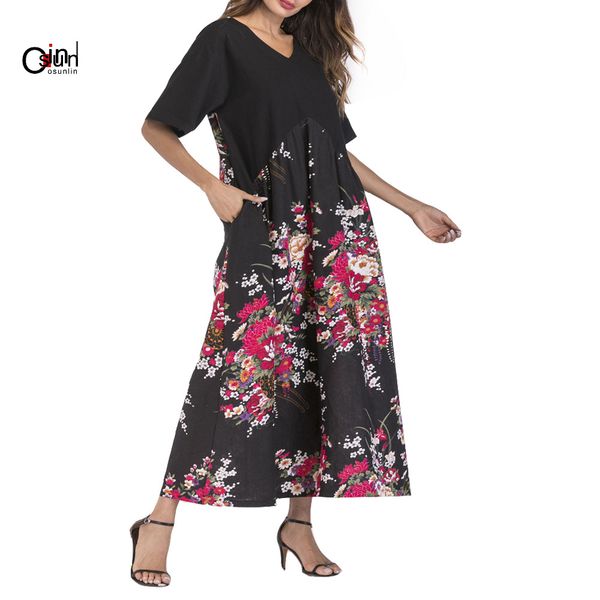 

osunlin 2019 summer new women's printing loose long maxi dress (-3xl, black, Black;gray