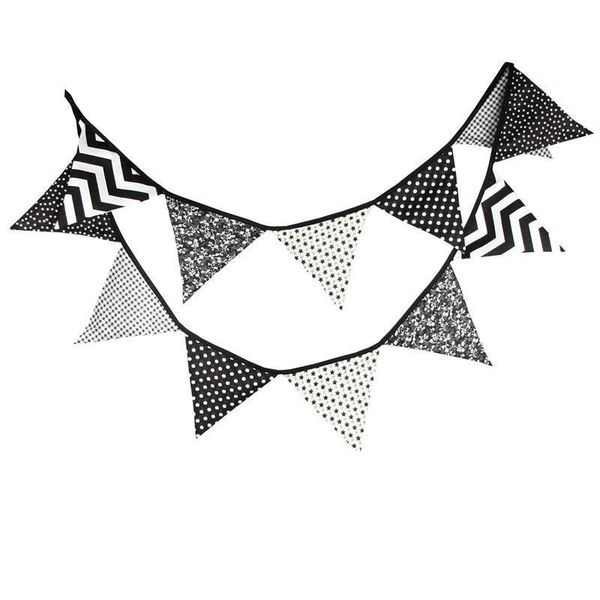 

wholesale-3.2m fabric cotton banner bunting black and white pennant flags garland special baby shower outdoor tent decoration 12 flags