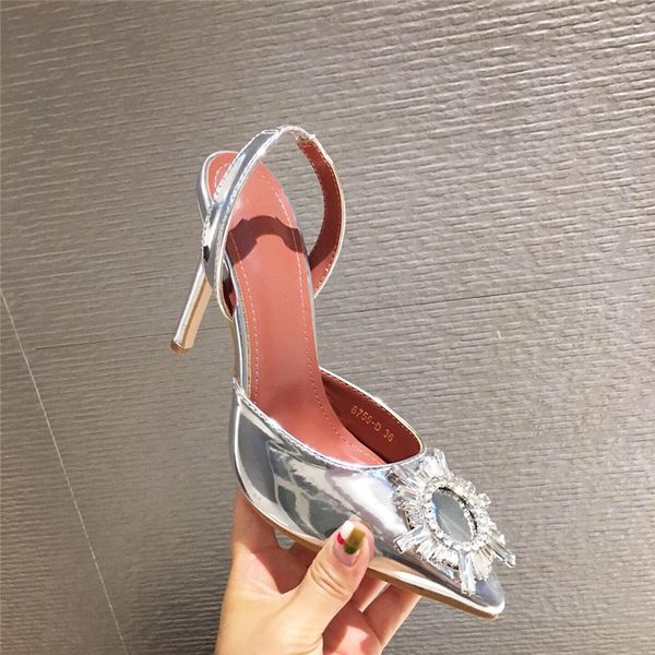 

2020 summer women silver fetish high heels sandals sunflower crystal slingback sandals luxury designer rhinestone wedding shoes, Black