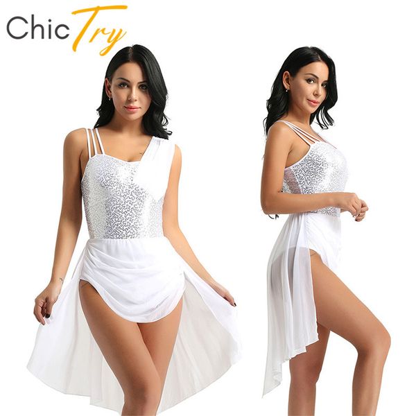

chictry women spaghetti straps sequins lyrical stage dance costumes gymnastics leotard ballet tutu irregular chiffon dress, Black;red