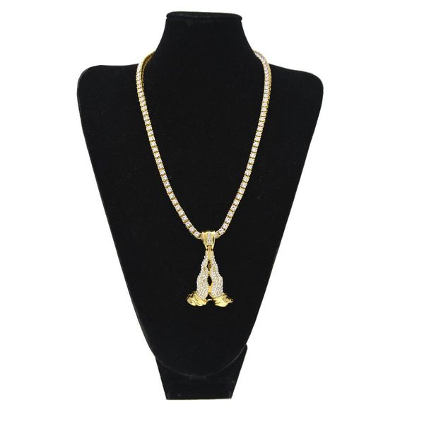 

хип-хоп обледенелые побрякушки полный горный хрусталь молящиеся руки мужчины подвески ожерелья мужские хип-хоп модные украшения, Silver