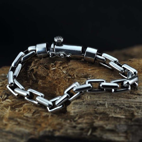 

925 sterling silver box chain link bangle women men fine jewelry solid tibetan silver clasp lock chain bracelets 5/6/7/8mm, Black