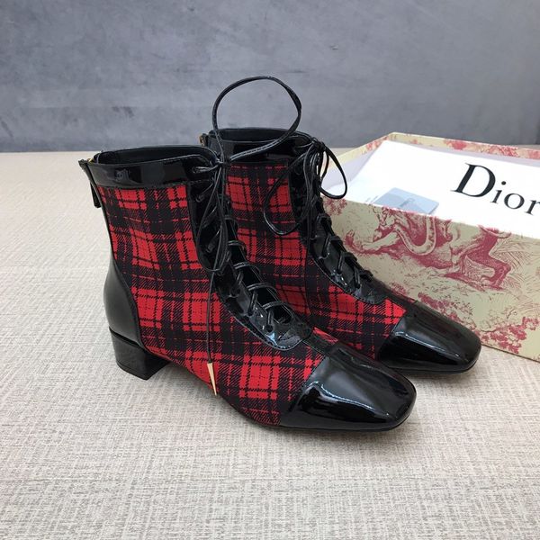 

plaid mid boots square toe lace-up knight boots british style thick heel women's luxury casual boots shoes lace-up high-shoes women 111, Black