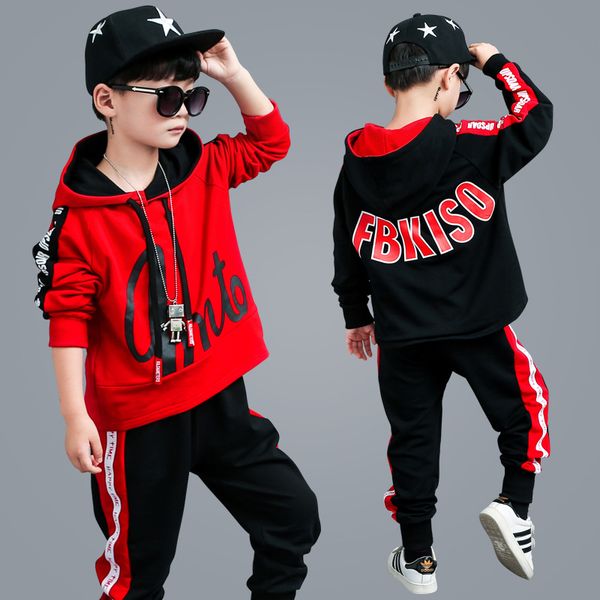 

autumn kids boy sportswear tracksuit hippie letter printed hoodie sweatshirt+pant casual jogger running workout outfit sport set, Black;blue