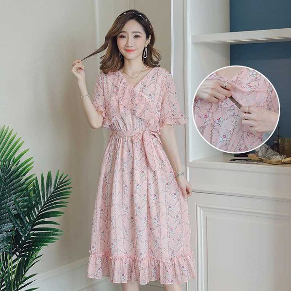 

short sleeve maternity dresses summer pink chiffon nursing dress floral long dress for pregnant women breastfeeding summer, White
