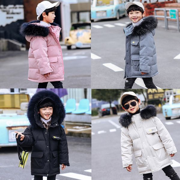 

kids girls winter faux fur hooded down coat puffer jackets padded overcoat plush thick large fur collar boy coat cotton clothing, Blue;gray