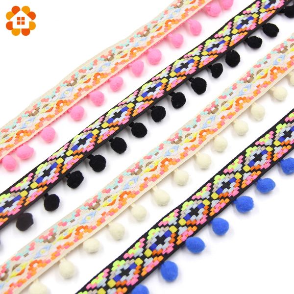

3yards vintage embroidered trim ribbon pom pom ball fringe ribbon crafts handmade for sewing accessories diy decoration, Pink;blue