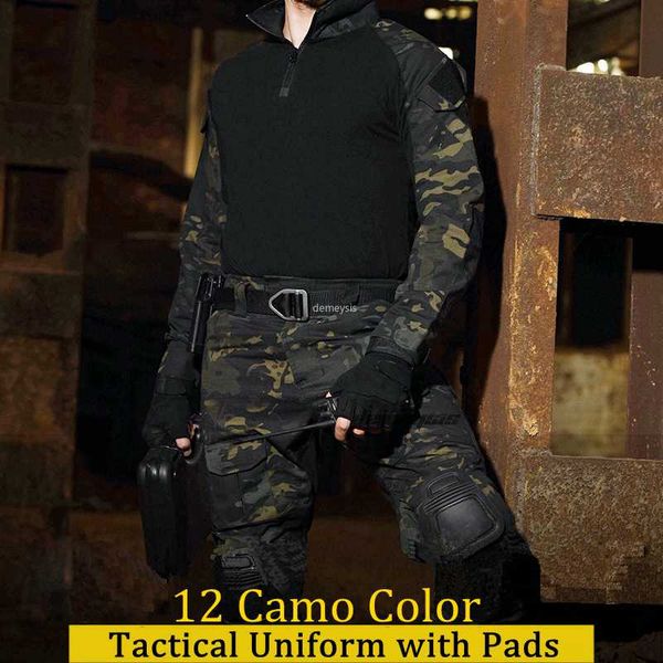 

tactical uniform shirt +pants with elbow knee pads camouflage army suits combat sniper hunting clothing, Camo