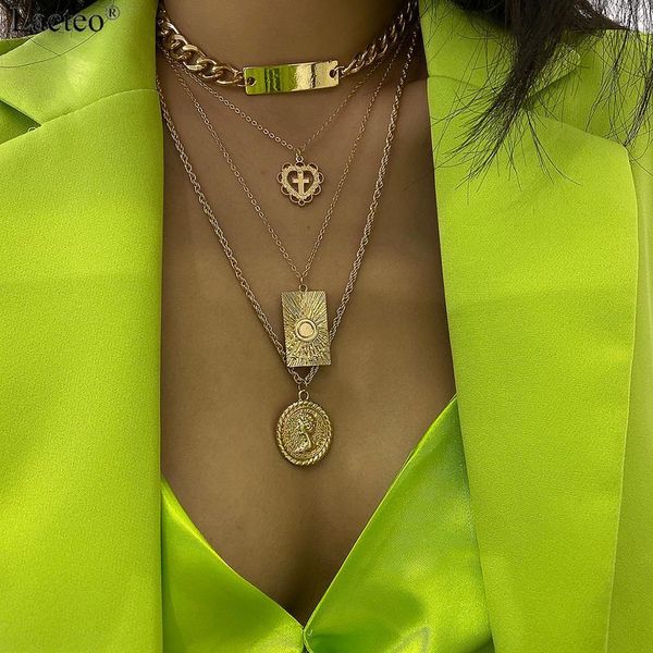 

lacteo 4pcs/set vintage carved coin love heart pendant necklace for women fashion multi layered fine twist chain choker necklace, Silver