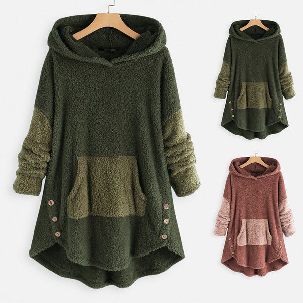 

winter teddy fluffy robe sweater sherpa fleece hooded pullover large pocket patch robes oversized 5xl warm fleece sweaters, White;black