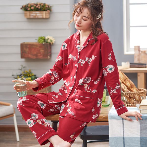 

spring and autumn new cotton long-sleeved printed pajamas loose large size two-piece home service 100% cotton women pajamas, Black;red