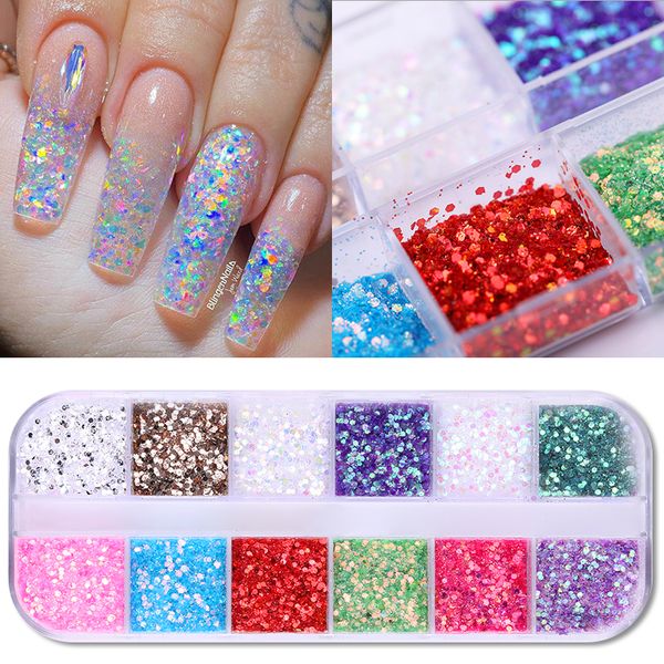 

12 grid nail glitter powder dust iridescent flakes sequins gold silver irregular mirror pigment paillette manicure nail art, Silver;gold