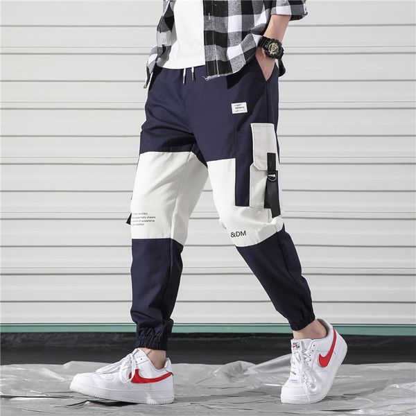 

side pockets mens cargo pants casual harajuku color block patchwork ribbons trousers hip hop streetwear men's jogger harem pants, Black