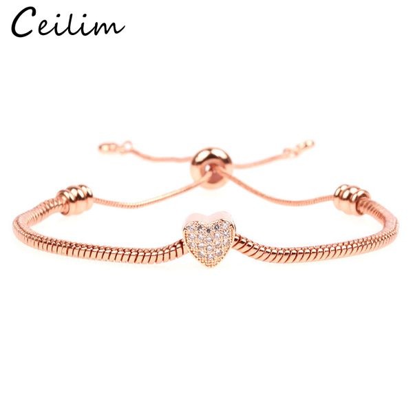 

trendy adjustable heart charm bracelets bangles for women rose gold silver color cubic zirconia bracelets fashion party jewelry gifts, Black