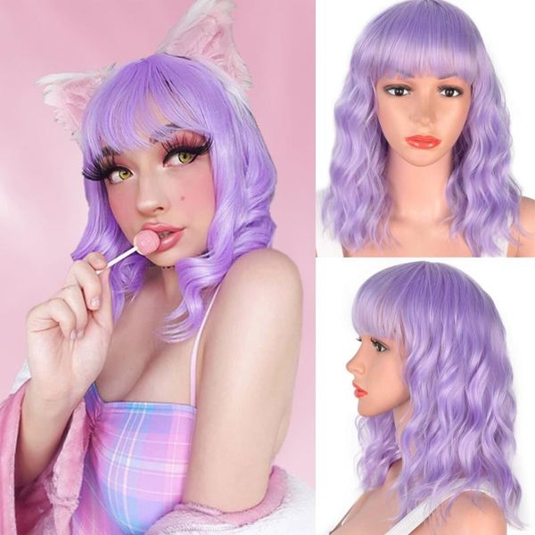 

short wavy bob wigs with air bangs synthetic hair wig purple curly wigs for women daily party cosplay wig heat resistant fiber, Black