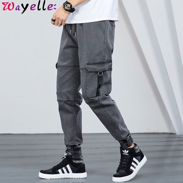 

harem jeans men 2019 autumn winter new loose pockets hip hop cargo pants men denim biker pants joggers streetwear, Blue
