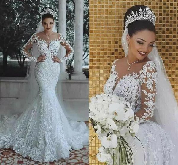 

modern new 2020 romantic gorgeous long sleeve mermaid wedding dresses beading lace princess bridal gown custom made appliques see through, White