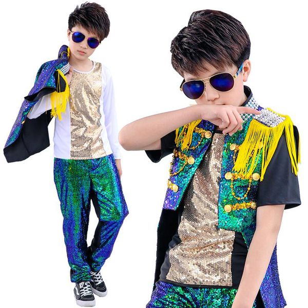 

kids drum sequined hip hop dance clothing jazz dance costumes boys girls carnival performance stage wear ballroom dancing outfit, Black;red