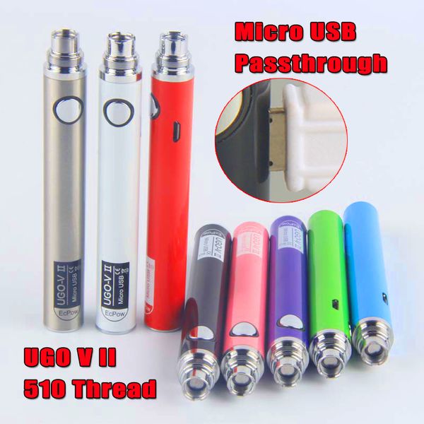 Sigarette UGO V II E Vape Pen Batteria 650 900 mAh eVod Vaporizzatore eGo Micro USB Pass Through con cavi di ricarica per carrelli Dab da 510 fili