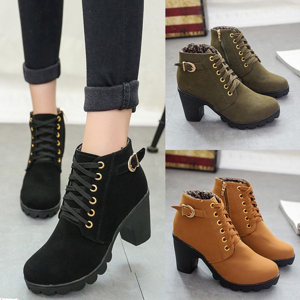 

soft leather women winter warm knight boots round toe lace-up thick high-heeled ankle martin booties fashion shoes size 35-42, Black