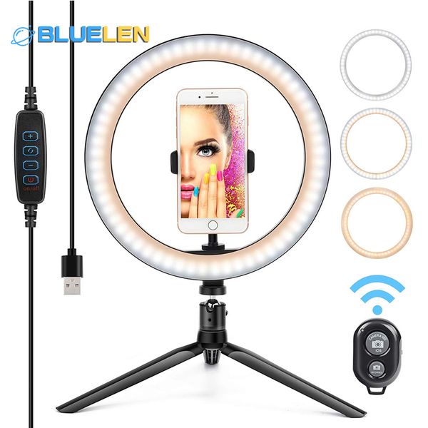 

bluelen deskled ring light 10 inch with tripod stand + phone holder remote control for youtube video live streaming makeup