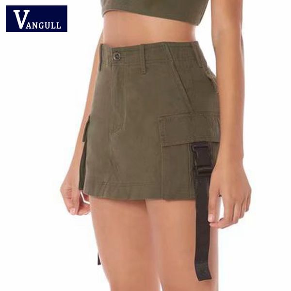 

vangull vintage high waist skirt women korean streetwear army green black cargo mini skirt 2019 summer new casual