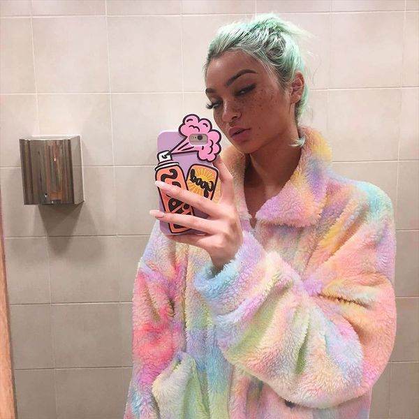 

fashion rainbow color women faux fur coat ladies fluffy coat & jackets female zipper up fleece jacket winter thick outwear, Black