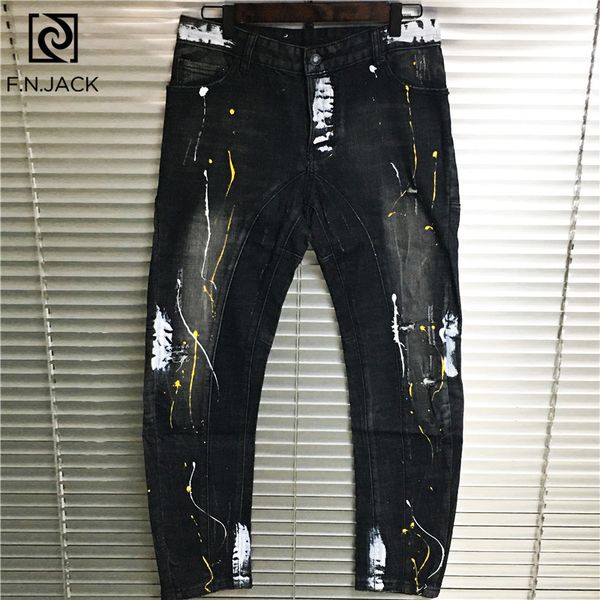 

f.n.jack men's casual streetwear jeans ripped jeans for men fashion slim fit cool guy zipper pants skinny new arrival, Blue