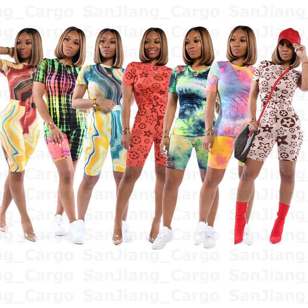 

tie-dye print two piece set tracksuit women summer clothes t shirt tee + biker shorts sweat suits outfits slim sportswear s-3xl e31211, Gray