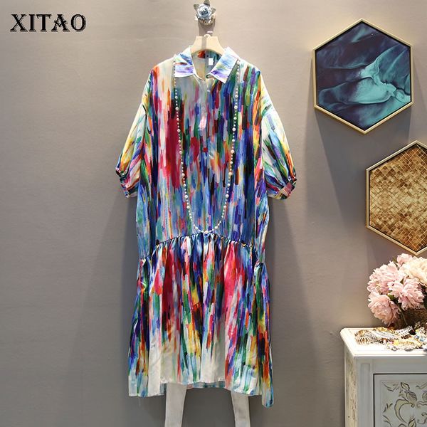 

xitao colorful print pleated plus size dress women turn down collar short sleeve vintage dress fashion summer new 2020 wbb4072, White;black