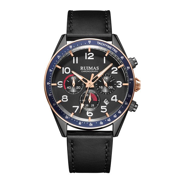 

three eyes stainless sport watch for men leather strap wristwatch quartz movement waterproof round clock montre homme, Slivery;brown