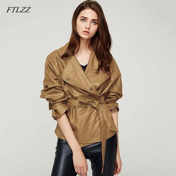 

ftlzz 2019 autumn women loose washed pu leather jacket fashion sashes design bright colors coats ladies basic jackets outwear, Black