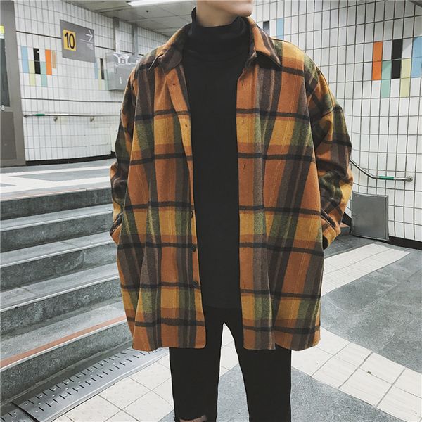 

autumn plaid shirt men new overshirt fashion casual loose wool jacket coat man retro long-sleeved shirt male clothes streetwear, White;black
