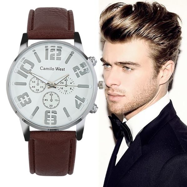 

trend outdoor sports quartz watch three-eye dial casual leather belt men's watch, Slivery;brown