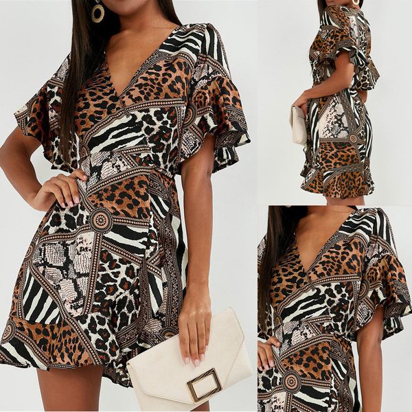 

leopard women desigenr dresses vintage lotus leaf sleeve v neck a line chiffon dresses party club women clothes, Black;gray