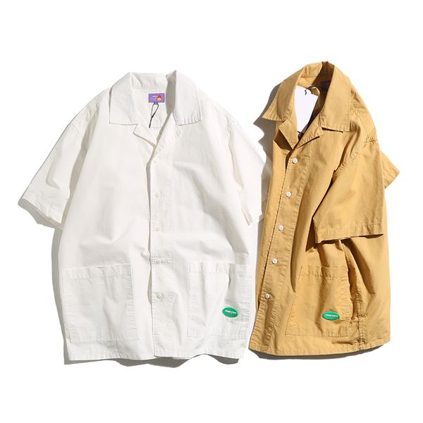 

men streetwear hip hop loose fashion casual short sleeve shirts male japan korea style plaid cargo shirts, White;black