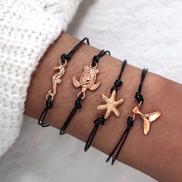

tocona boho gold tortoise star whale tail mulitilayer bracelate bangle for women black rope adjustable bracelate set 6761